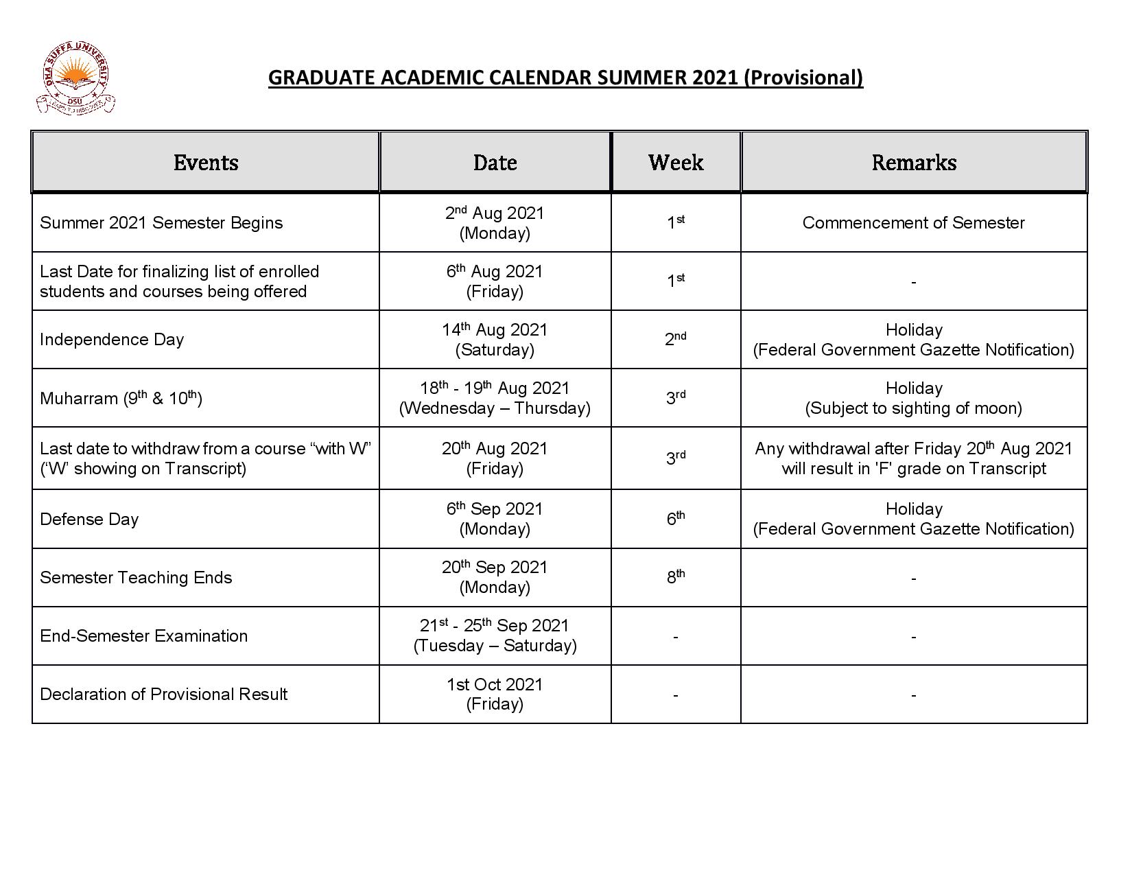 Academic Calendar Dha Suffa University