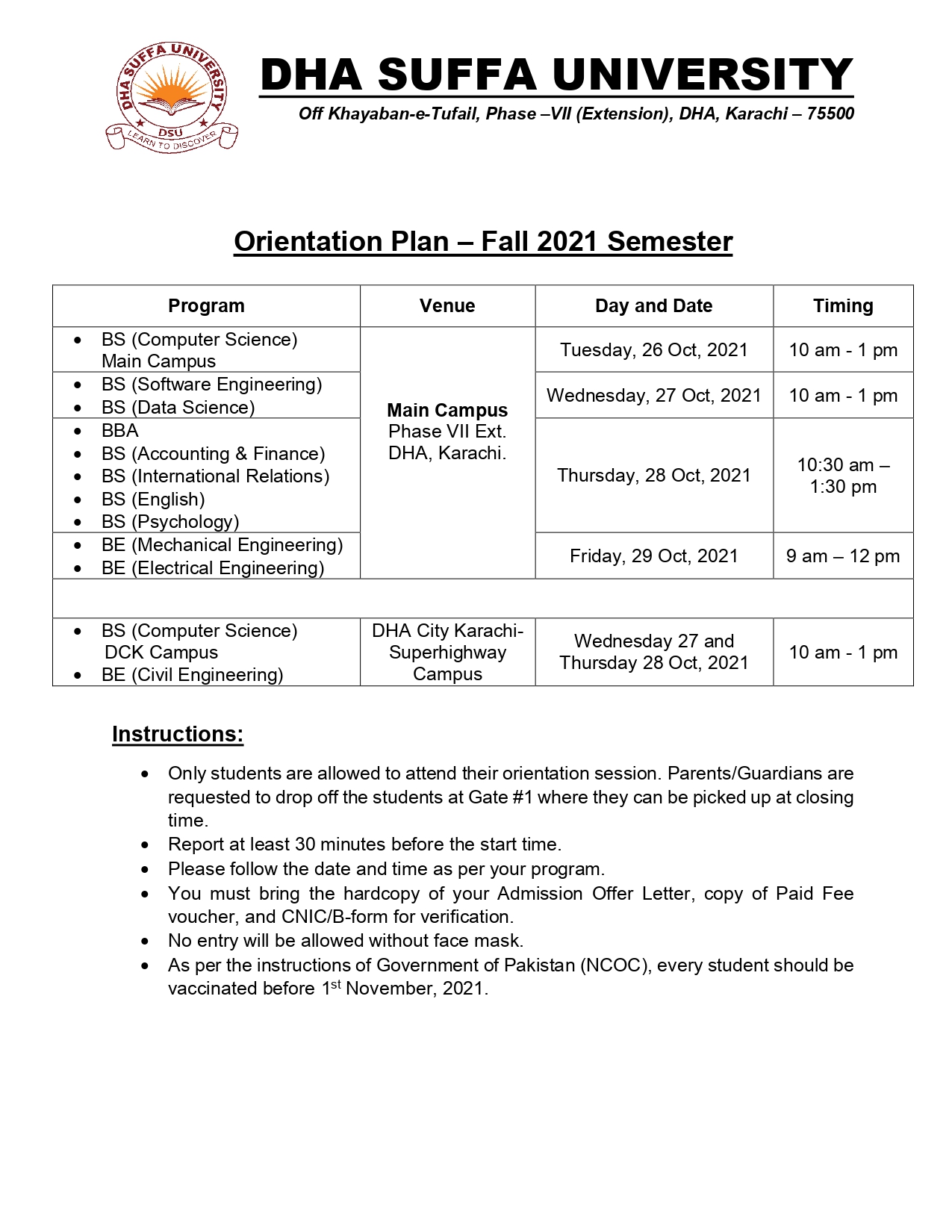 Orientation Plan - Fall 2021 Semester - Dha Suffa University