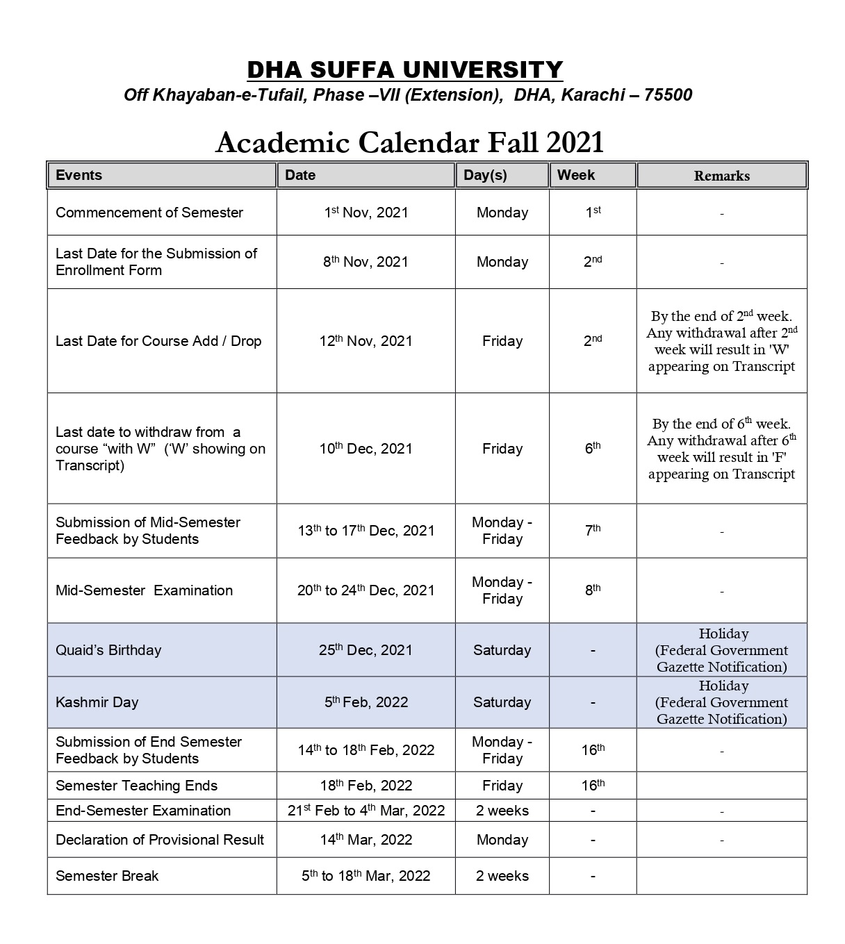 Academic Calendar - Dha Suffa University