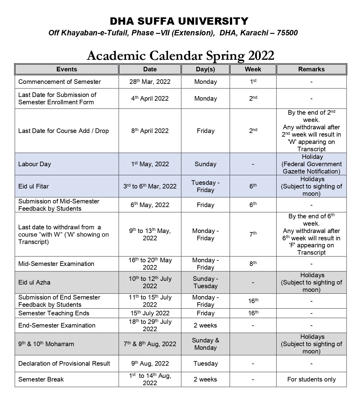 Academic Calendar - Dha Suffa University