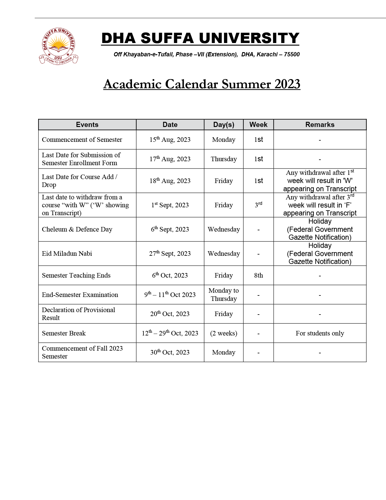 Academic Calendar DHA Suffa University